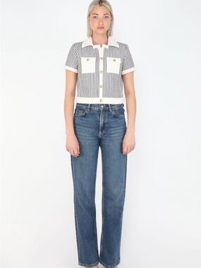 NWT Women’s Striped Knit Polo Button Up Top with Pockets - XS